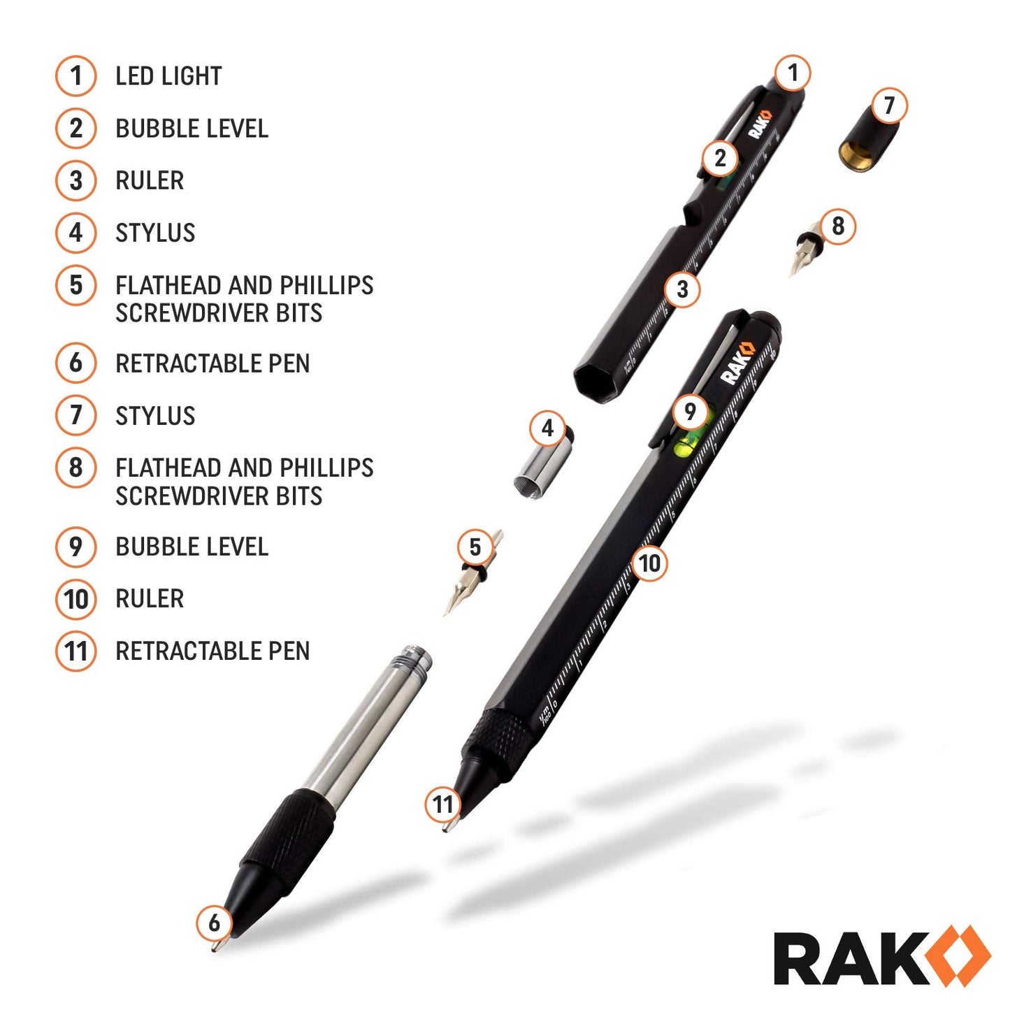 RAK Multitool Pen - Multi-Tool Pens, LED Light, Flathead, Phillips Screwdrivers, Level, Ruler, Bottle Opener, and Stylus. Cool Gadgets Gifts for Men, Dad, EDC Pen Tool, Gift-Ready Box, Pack of 2