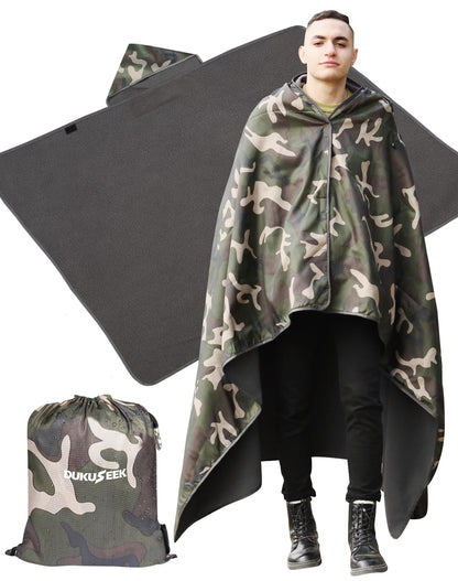 DUKUSEEK Hooded Stadium Blanket, Camouflage Waterproof Windproof Outdoor Fleece Blanket - Large (79x56), Portable, Wearable, Warm for Outdoor Hunting, Sporting Events…