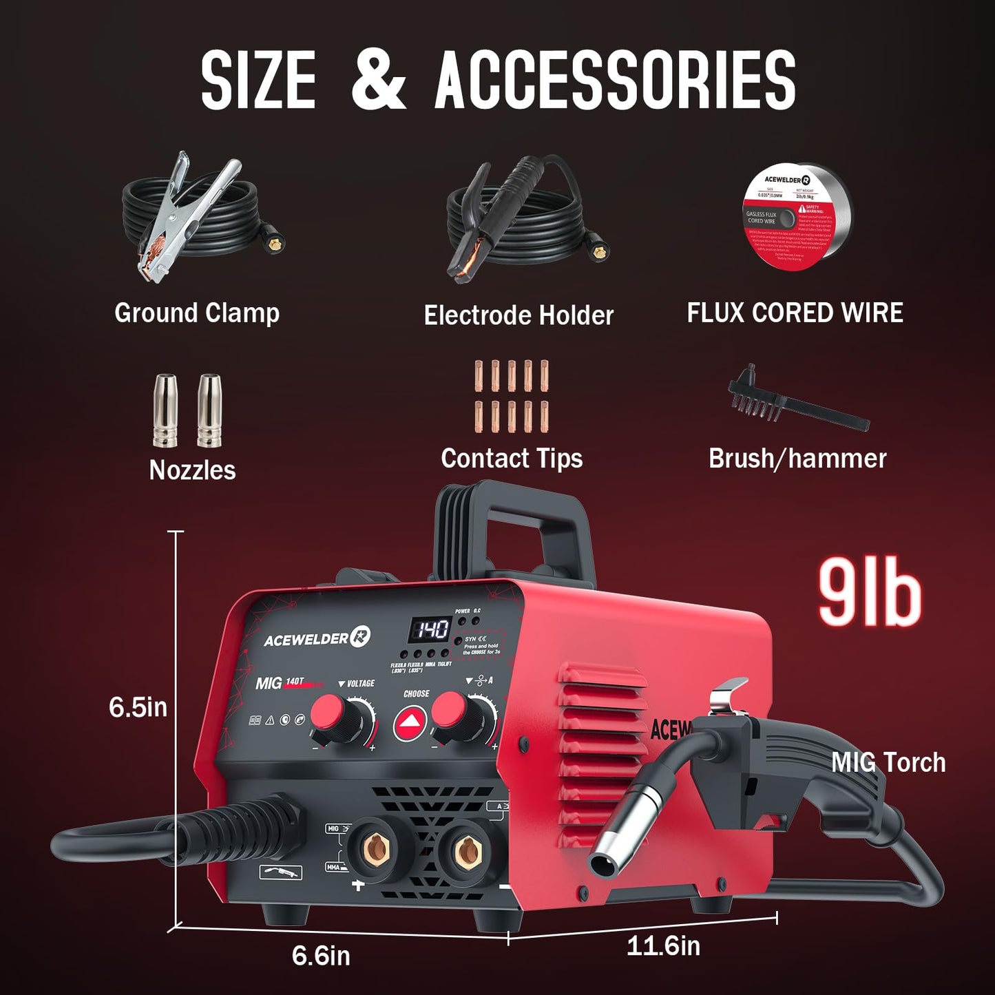 ACEWELDER 140A Gasless Flux Core MIG Welder/Lift TIG/Stick 3 in 1 Welding Machine 110V Portable IGBT Inverter Synergy Welder Machine