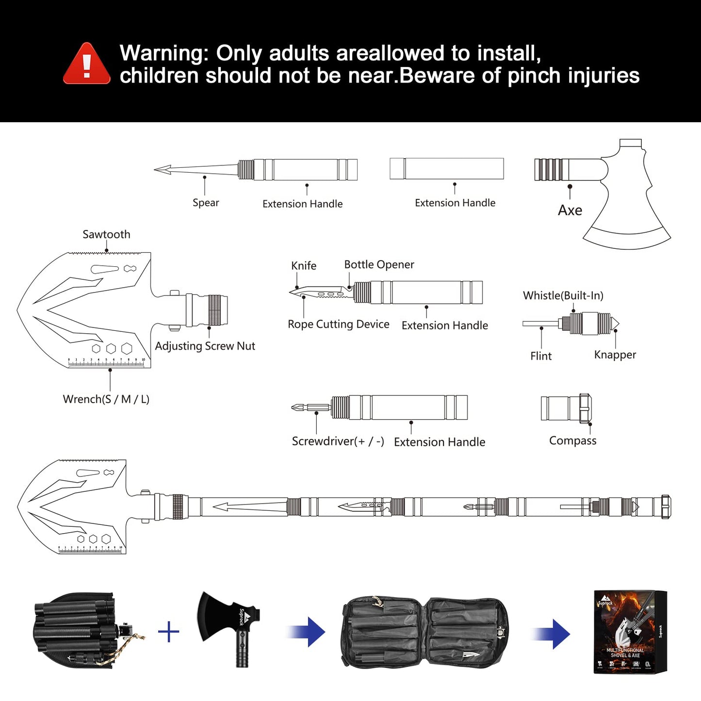 Suprock Survival Shovel High Carbon Steel Tactical Shovel Axe Folding Entrenching Tool Camping Hiking Shovel Carrying Pouch Car Emergency Survival Gear