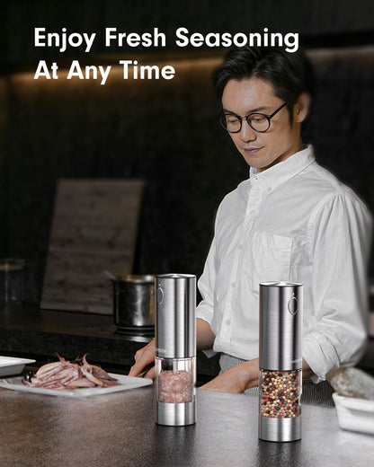 TOMEEM Upgraded Larger Capacity Electric Salt and Pepper Grinder Set Rechargeable with LED lights, Stainless Steel Automatic Pepper and Salt Grinder Refillable with 5 Adjustable Coarseness