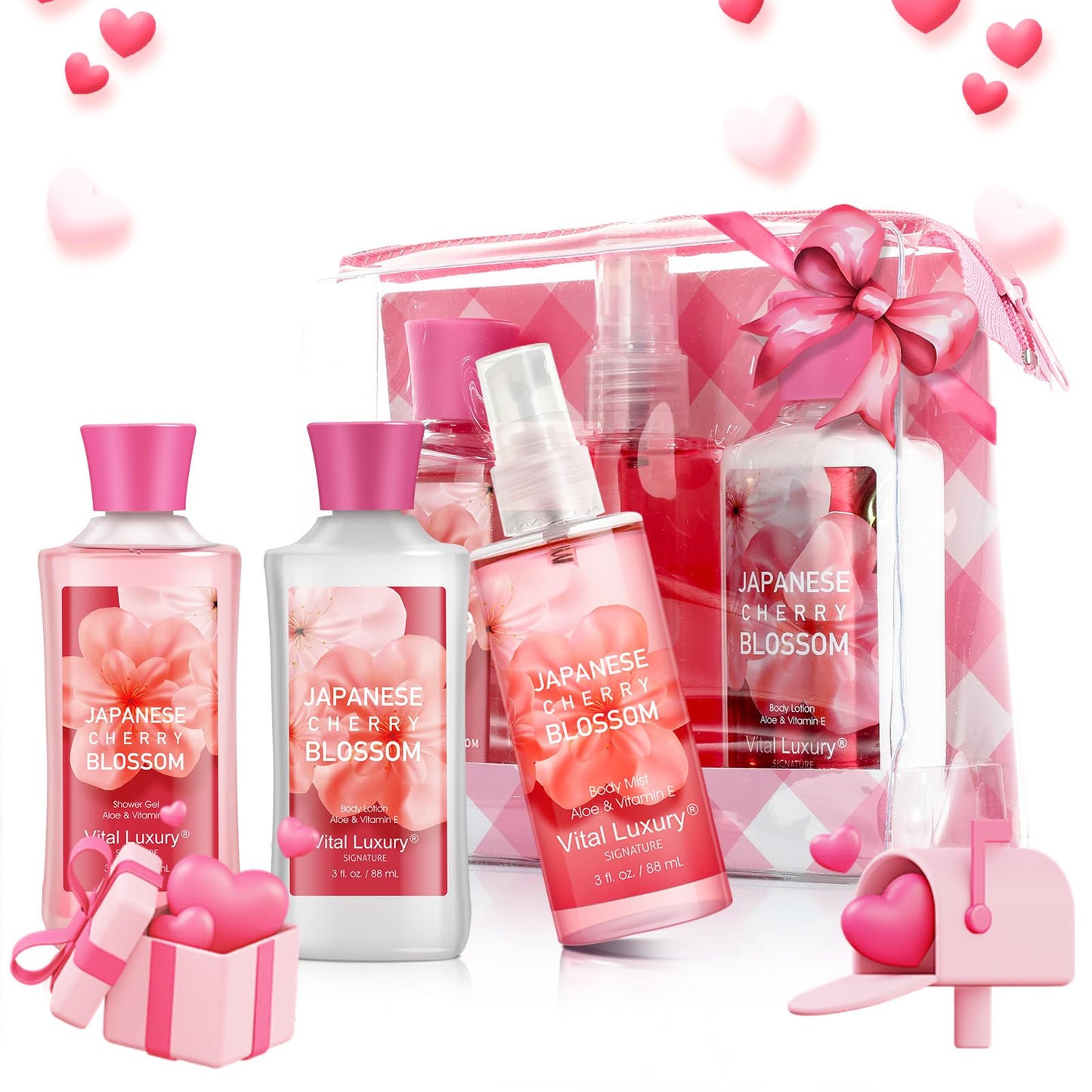 Vital Luxury Bath & Body Care Travel Set - Home Spa Set with Body Lotion, Shower Gel and Fragrance Mist, Personal Body Care Travel Set for Birthday Christmas New Year Gifts(Japanese Cherry Blossom)