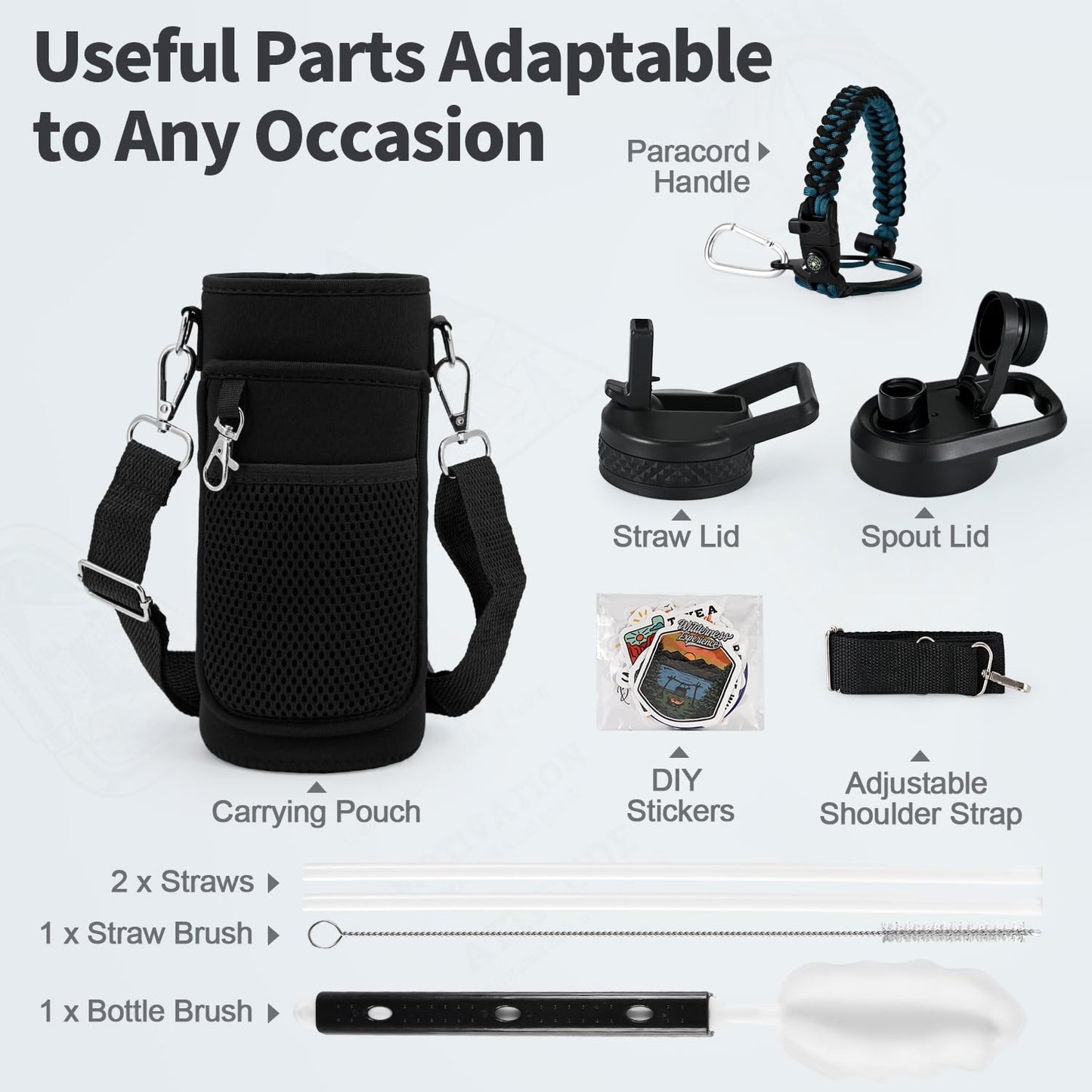 WixByti 32 oz Insulated Water Bottle with Straw (Cold for 48 Hrs), Stainless Steel Triple Wall Vacuum Sports Water Jug, Leakproof Hydro Cup Flask with Paracord Handle & Straw Spout Lids & DIY Stickers