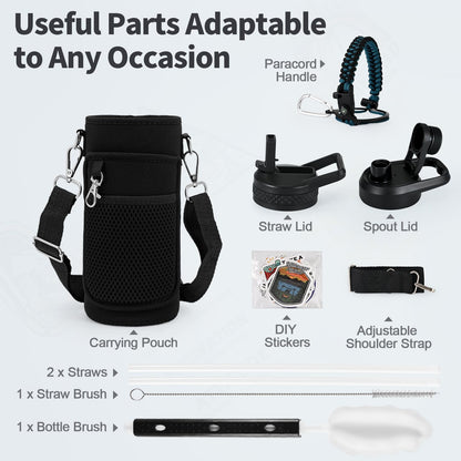 WixByti 32 oz Insulated Water Bottle with Straw (Cold for 48 Hrs), Stainless Steel Triple Wall Vacuum Sports Water Jug, Leakproof Hydro Cup Flask with Paracord Handle & Straw Spout Lids & DIY Stickers