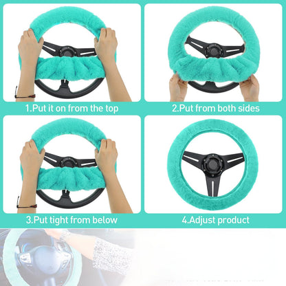 Frienda 6 Pieces Fluffy Car Accessories Set Bling Fluffy Steering Wheel Cover Soft Fuzz Handbrake Gear Shift Cover Bling Mirror Fuzz Car Pad Decoration(Mint Green)