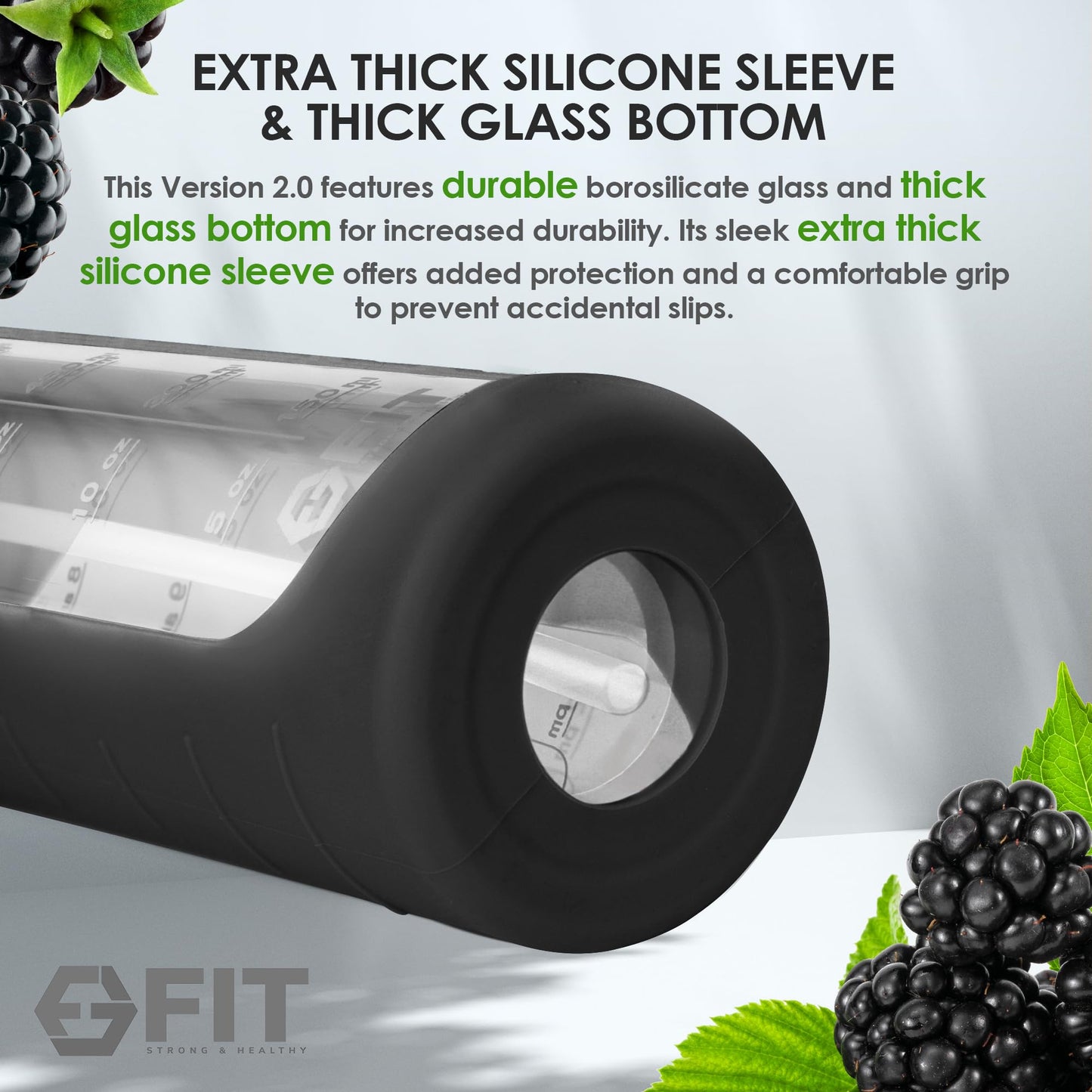 FIT Strong & Healthy 32 oz Glass Water Bottle with Time Marker & Silicone Sleeve - w/Handle & 2 Leakproof Lids Straw & Spout Lid, Wide Mouth, BPA Free 1 Liter Motivational Drinking Bottle, Black