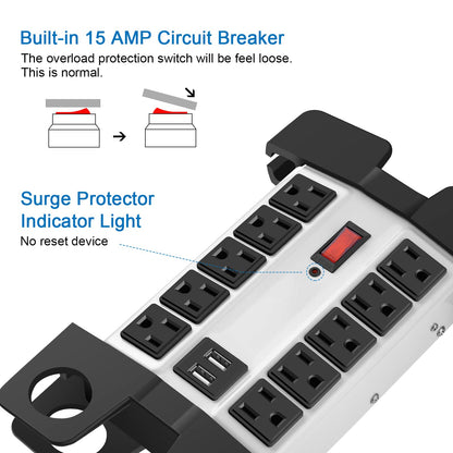 CCCEI Heavy Duty Power Strip with USB Ports, Garage 10 Outlets Surge Protector 2700 Joules, Industrial Workshop Metal 15Amp Multiple Outlets, 6 FT Extension Cord and Wide Spaced Grey.