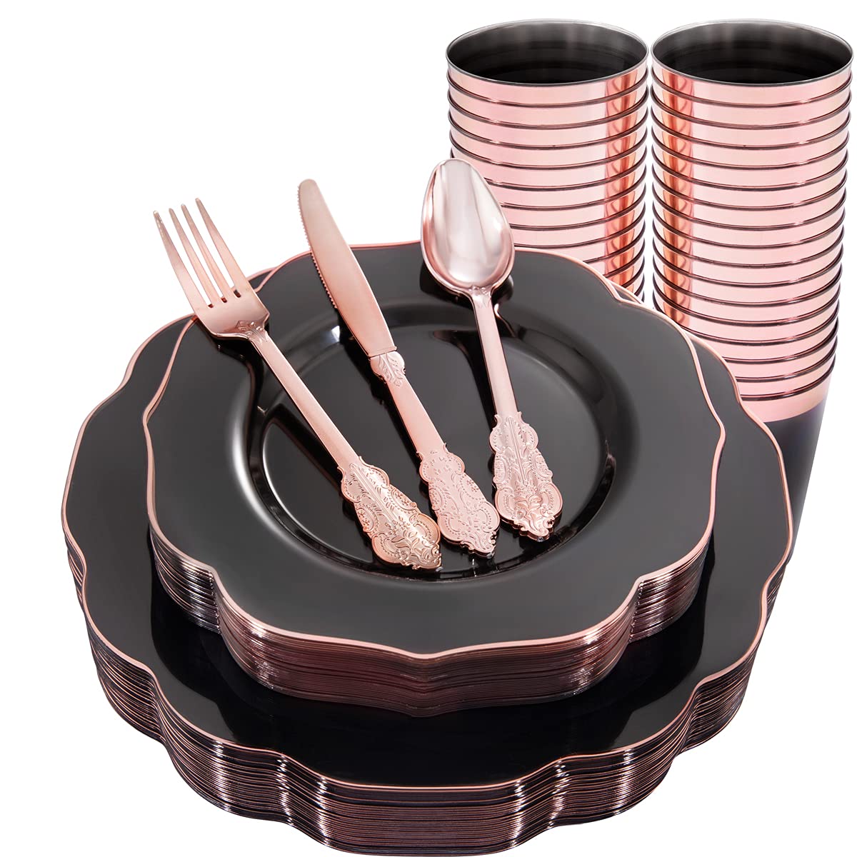 bUCLA 30Guests Clear Black Plastic Plates With Rose Gold Silverware & Cups - Rose Gold Rim Plastic Dinnerware Ideal for Party & New Year