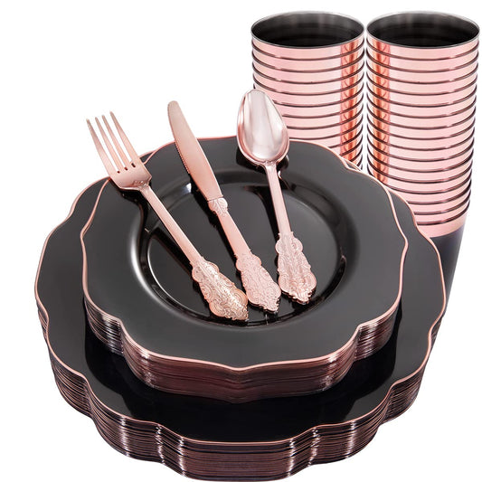 bUCLA 30Guests Clear Black Plastic Plates With Rose Gold Silverware & Cups - Rose Gold Rim Plastic Dinnerware Ideal for Party & New Year