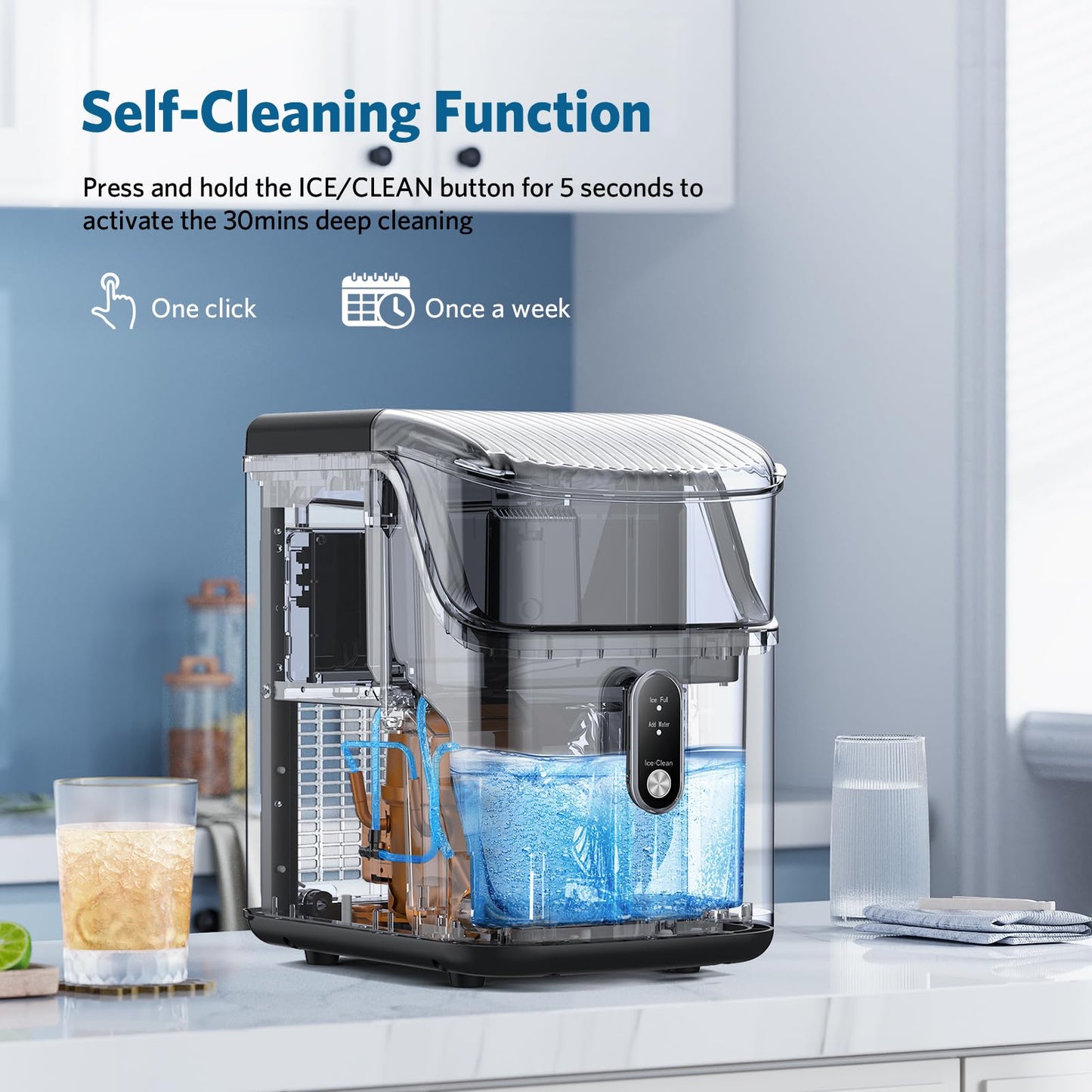 COWSAR Nugget Ice Makers Countertop Soft Chewable Pellet Ice Machine with Auto-Cleaning Function, 35Lbs/24H, Portable Ice Makers for Kitchen, Office, Home,Silver