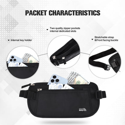 Unisex Money Belt, Slim Passport Holder RFID Blocking Travel Essentials Pouch with Adjustable Strap Small Waist Pouch for Workout Running Travelling Hiking, Black