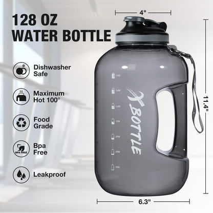 1 Gallon BPA Free Dishwasher Safe 128oz Large Water Bottle with Motivational Time Marker and Handle - Leak-proof Big Black Water Jug for Camping, Sports, Workouts (Chug Lid)