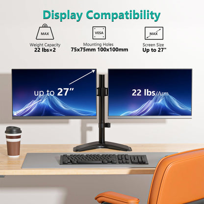WALI Dual Monitor Stand for Desk, Monitor Stands for 2 Monitors up to 27 inch, Dual Monitors Mount Fits up to 22lbs, Free Standing Full Motion Dual Monitors Arm for Desk (MF002), Black