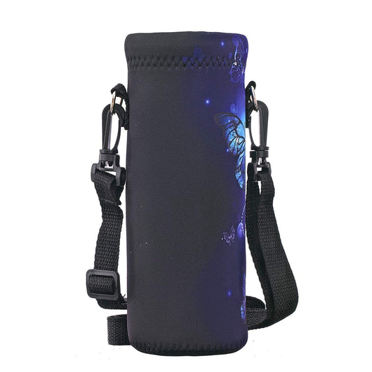 RICHEN Neoprene Water Bottle Carrier Bag with Adjustable Shoulder Strap, Insulated for 750ml/24oz Stainless Steel/Glass/Plastic Bottles (Blue Butterflies, 750ml)