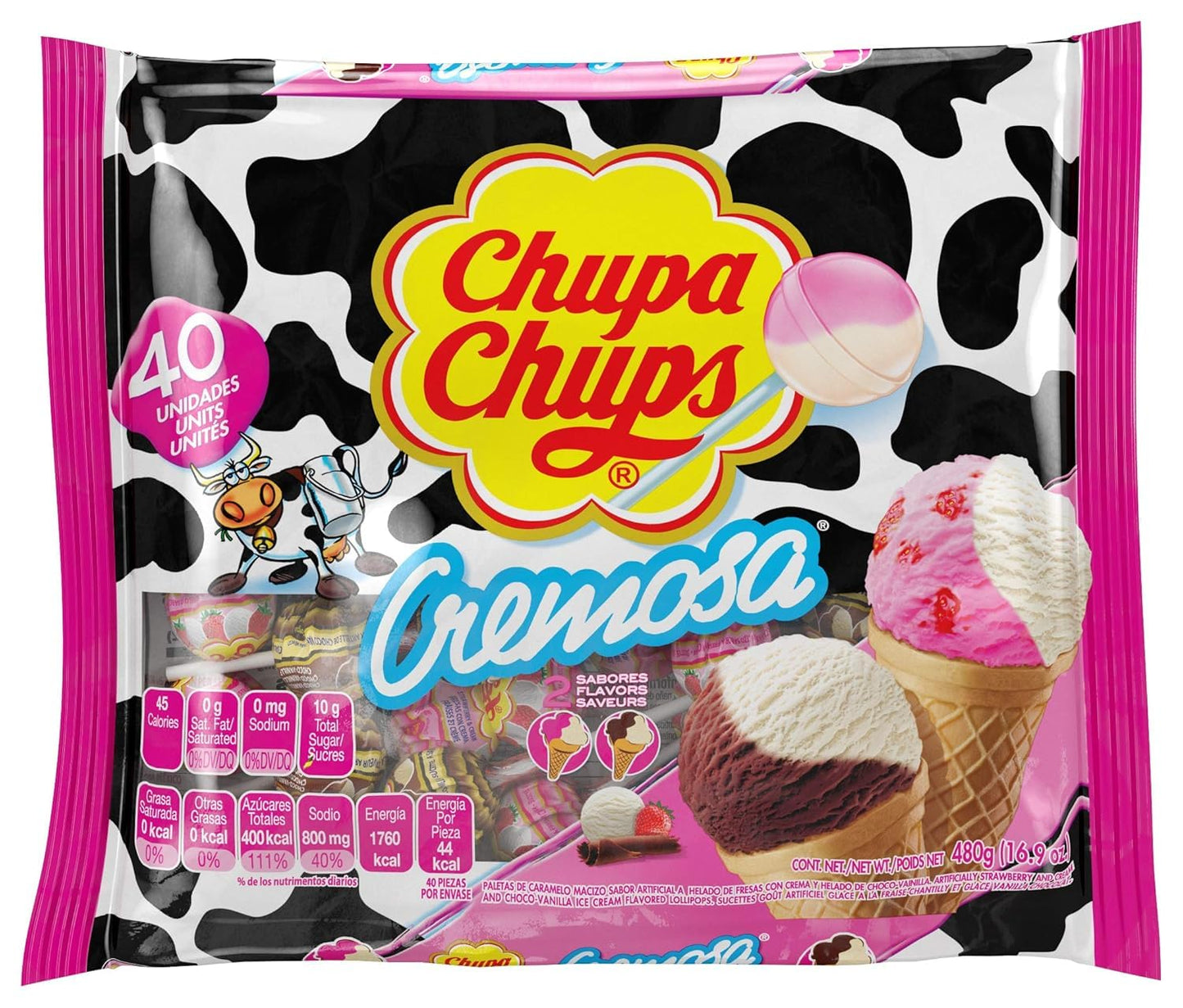 Chupa Chups Cremosa Lollipop Assortment, 2 Ice Cream Flavors, Individually Wrapped Candy for Kids, 16.9 Oz Bag (40 Suckers)