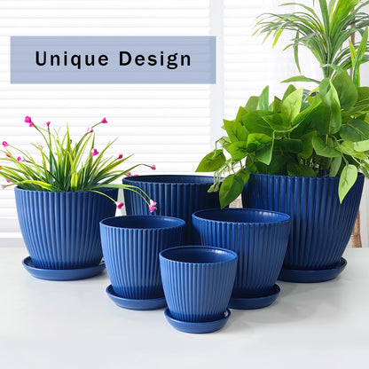 RooTrimmer 7.5/6.5/5.5/4.9/4.2/3.5 Inch Plant Pots with Saucers & Drain Holes - Indoor/Outdoor Flower Pots for Succulents, Herbs, Cactus - Modern Lightweight Durable Planter Set, Blue