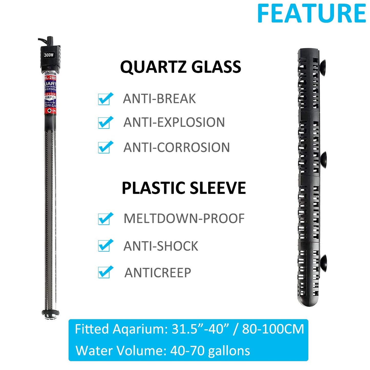 ZHGSERVU 100W/300W/500W Aquarium Heater Submersible 10-90 Gallon 300 Watt Fish Tank Heater with Durable Quartz Glass Protective Sleeve Auto Thermostat for Fresh Water and Salt Water
