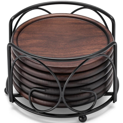 Wood Coasters with Metal Holder, GOH DODD Set of 6 Walnut Wooden Coaster Tabletop Protection for Drinks Coffee Table Home Kitchen Office Bar Living Room Decor Housewarming Gifts Wedding Party, 4 Inch