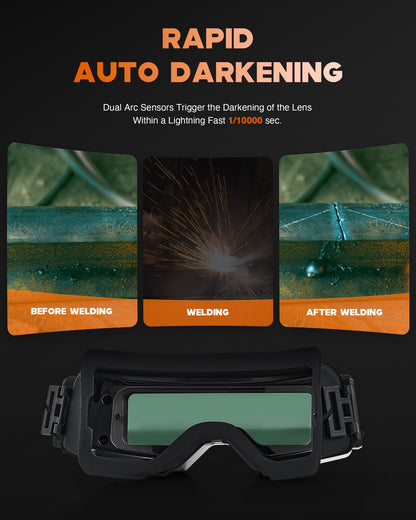 CREWORKS Auto Darkening Welding Goggles, Safety Glasses for Men With Wide Shade 4/5-9/9-13, Eye Protection Mask Helmet for Grinding Plasma Cutting TIG MIG Arc, Black