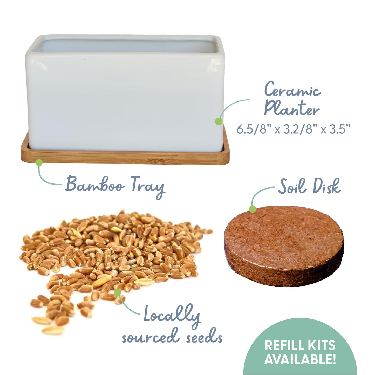 The Cat Ladies Organic Cat Grass Growing kit with Organic Seed Mix, Soil and Ceramic Planter with Bamboo Tray. Natural Hairball Control and Remedy for Cats