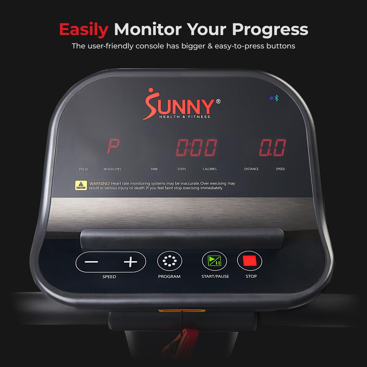 Sunny Health & Fitness Endurance Cardio Running Walking Treadmill with Extended Safety Handrails, Low-Impact, Low Wide Deck and SunnyFit® App Enhanced Bluetooth Connectivity SF-T722062