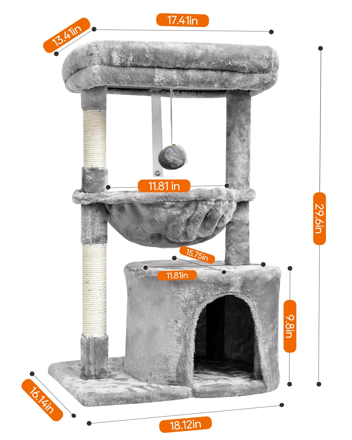 SYANDLVY Small Cat Tree for Indoor Cats, Activity Cat Tower with Scratching Post for Kittens, Modern Cat Furniture with Basket & Hanging Ball for Play Rest, Grey