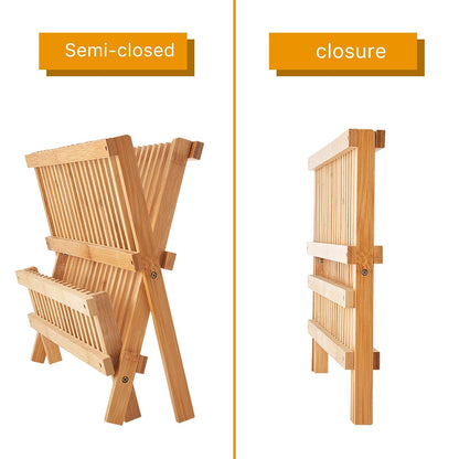 Worthyeah Bamboo Dish Drying Rack, 2 Tier Collapsible Dish Rack with Utensil Holder, Wooden Dish Drying Rack for Kitchen Counter, Large Folding Drying Holder, Dish Drainer 34 pcs Grid