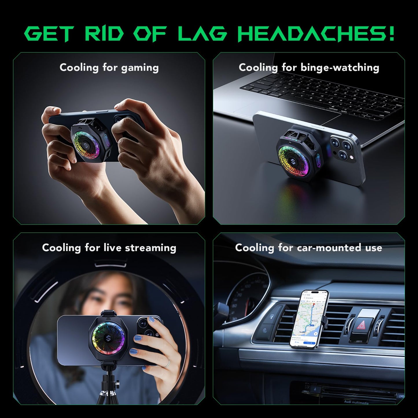 Black Shark Magnetic Phone Cooler 5 Pro - 18 Addressable RGB LEDs, Detachable Grip, APP-Controlled Thermostatic Cooling Fan for iPhone MagSafe/Android/iPad -Gaming/Streaming/Photography