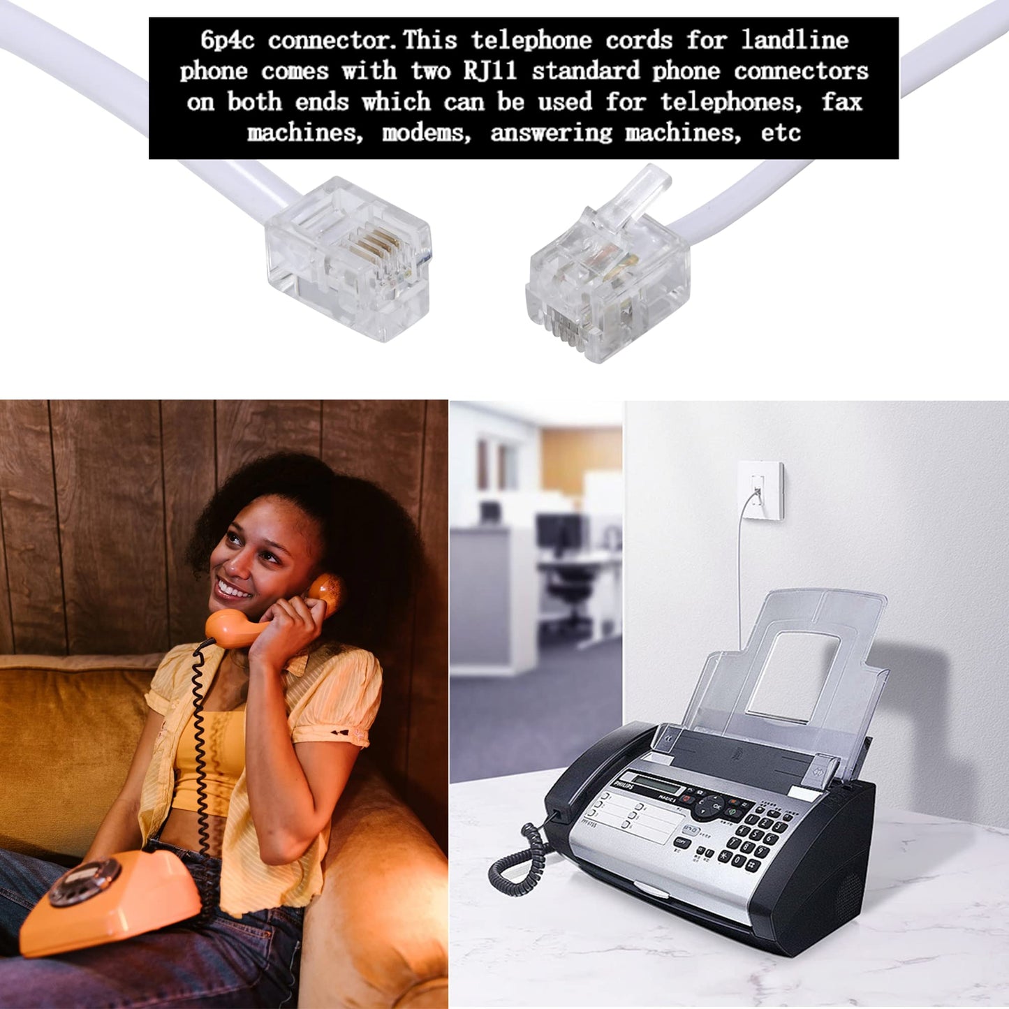 Ubramac 15 Feet Long Telephone Extension Cord Phone Cable Line Wire, with Standard RJ11 Plug and 1 in-Line Couplers and 15 Cable Clip Holders-White