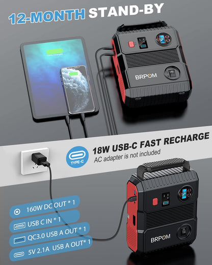 Car Jump Starter with Air Compressor, 150PSI 8000A Peak 24000mah (Up to All Gas or 8.0L Diesel Engine, 50 Times) Portable Jump Starter 12V Auto Battery Jump Pack QC 3.0 with 160W DC Out