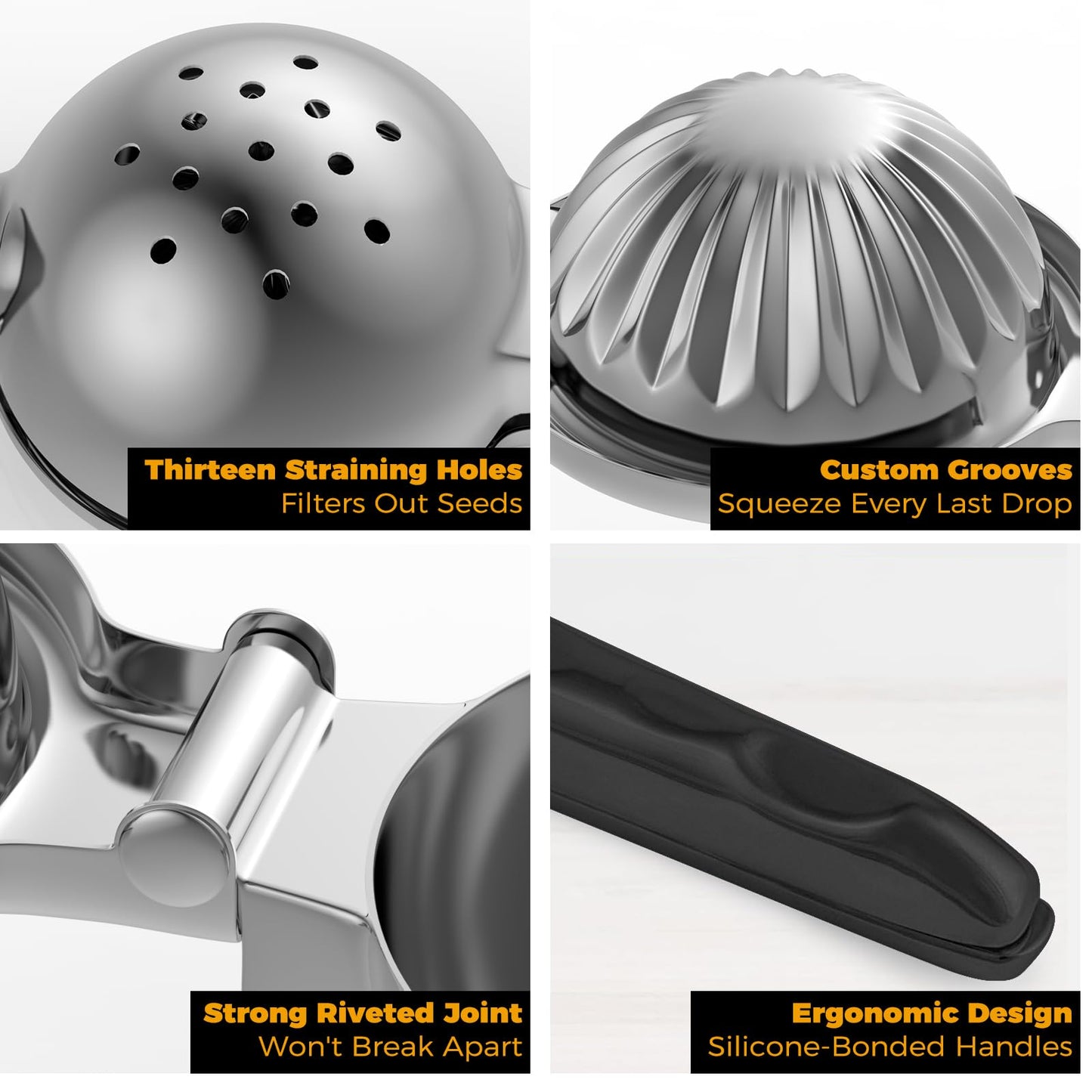 RCMo Stainless Steel Lemon Squeezer - Metal Citrus Juicer - Lime Lemon and Fruit Juicer with Silicone Handles - Large Manual Citrus Press Juicer - Hand Held Squeezer - Ergonomic Design with Solid
