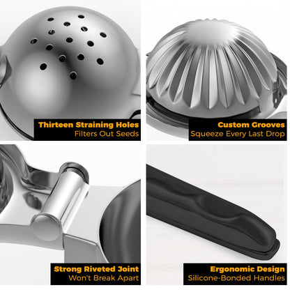RCMo Stainless Steel Lemon Squeezer - Metal Citrus Juicer - Lime Lemon and Fruit Juicer with Silicone Handles - Large Manual Citrus Press Juicer - Hand Held Squeezer - Ergonomic Design with Solid