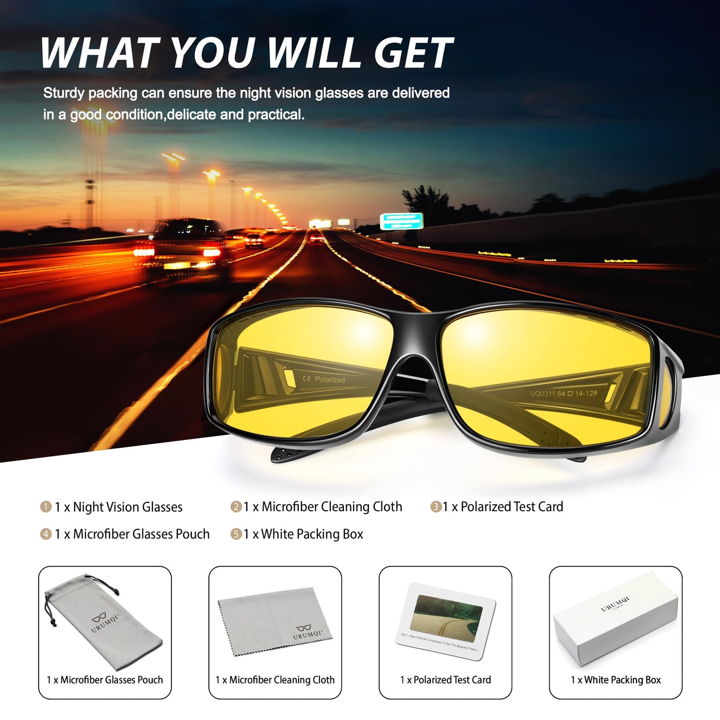 URUMQI Anti Glare Night Driving Glasses Fit Over Eyeglasses for Men Women, Polarized Nighttime Glasses HD Vision Yellow Lens