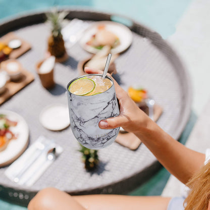 THILY Stainless Steel Stemless Wine Glasses 12 oz Vacuum Insulated Wine Tumbler with Lid and Straw, Reusable, Keep Cold & Hot for Drinks, Coffee, Cocktails, 2 Pack(Teal + Marble)