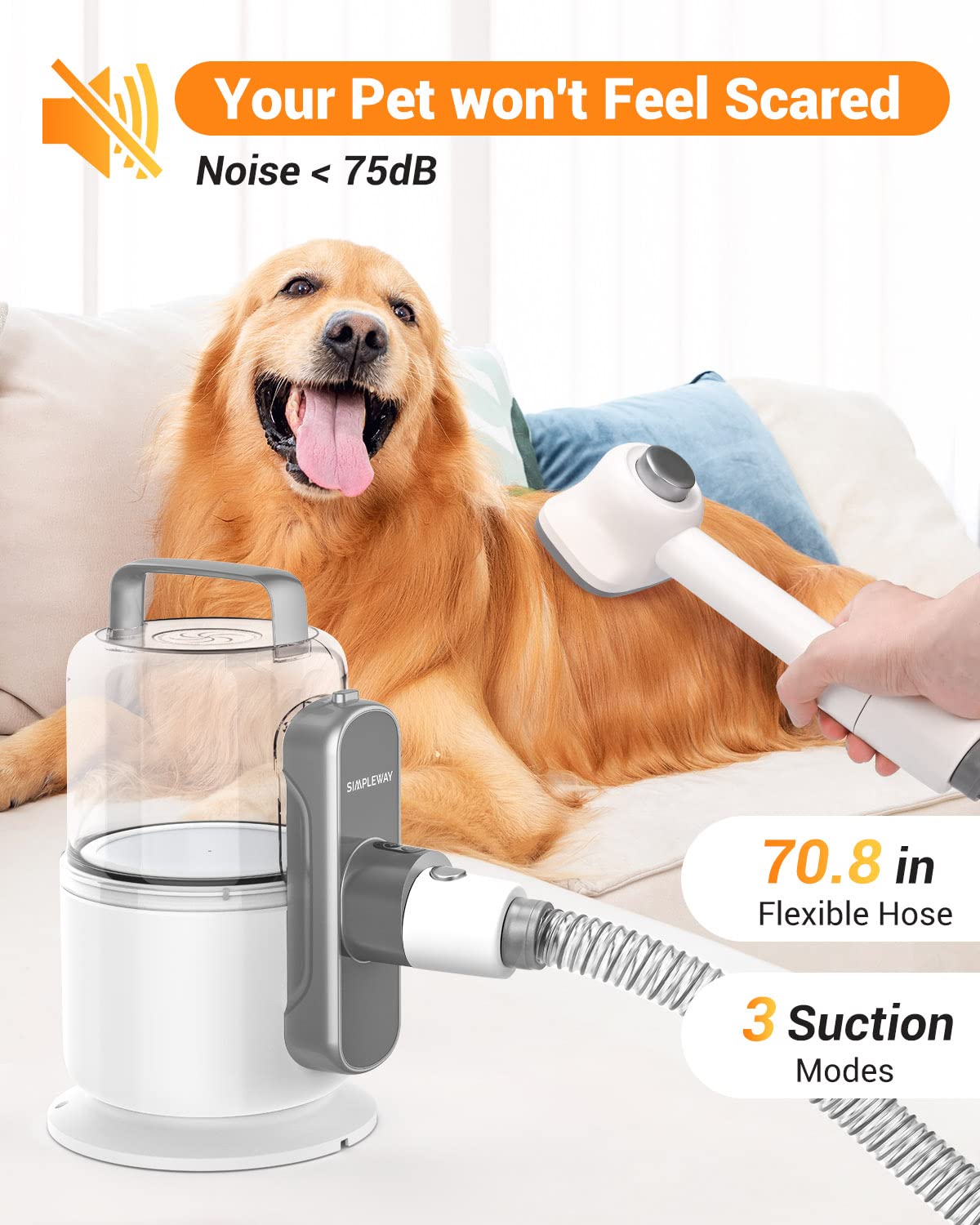 Dog Vacuum Grooming Kit for Shedding: Professional Hair Clippers Pet Groomer - Strong Suction Cleaner Deshedding Tool Fur Brush Attachment Trimmer for Home Cat (Deep White)