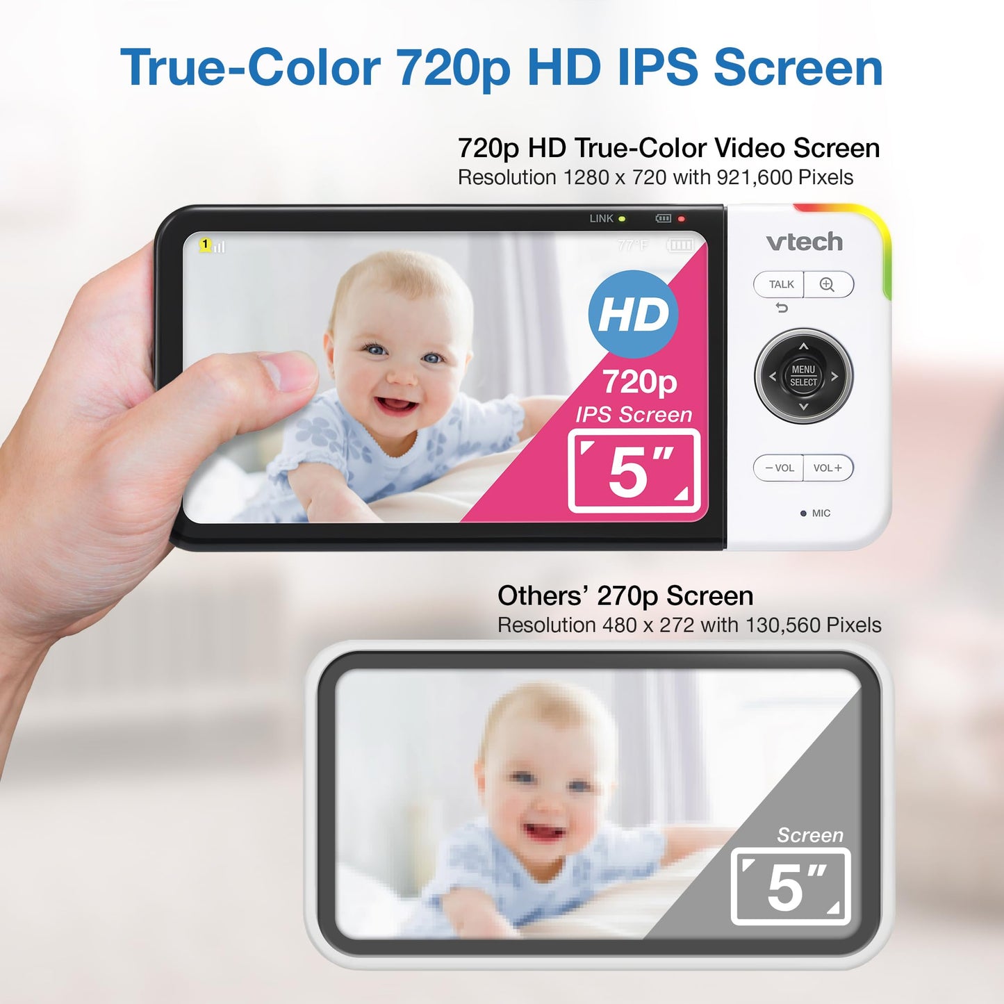 VTech VM928-2HD 5” 720p HD Display 2 Cameras Baby Monitor,110 Wide Angle View,Remote Pan-Tilt-Zoom,Night Vision,Up to 1000ft Range,Temperature Sensor,9 Soothing Sounds & Lullabies,2-Way Talk,No WiFi