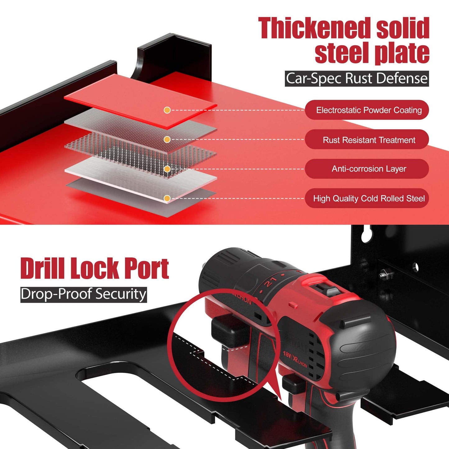 Spampur Power Tool Organizer with Charging Station, 6 Drill Holders Wall Mount, Heavy Duty Metal Premium Garage Tool Shelf, Gift for Man Cordless Tool Storage Rack with 4 Outlet Power Strip - Red