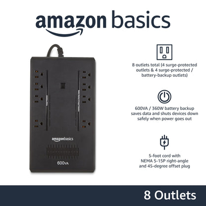 Amazon Basics UPS Battery Backup & Surge Protector 600VA/360W, 8 Outlets, Standby Uninterruptible Power Supply, for Power Outage Protection, Compact, Black