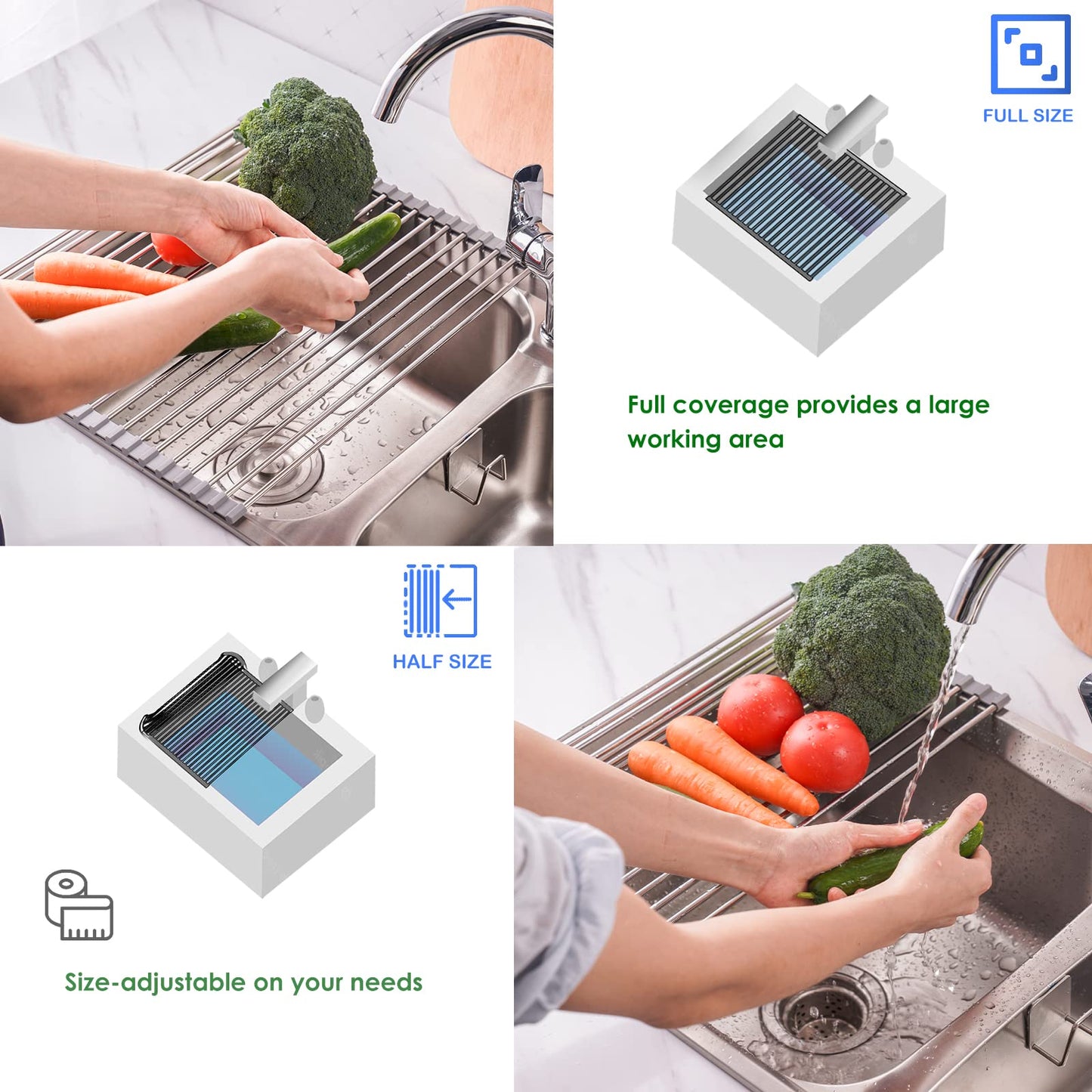 Tomorotec Roll Up Dish Drying Rack Over The Sink Grey Large Dish Drying Rack Rolling Foldable Collapsible SUS304 Stainless Steel Multipurpose Dish Drainer for Kitchen Counter (21”x15.7”)