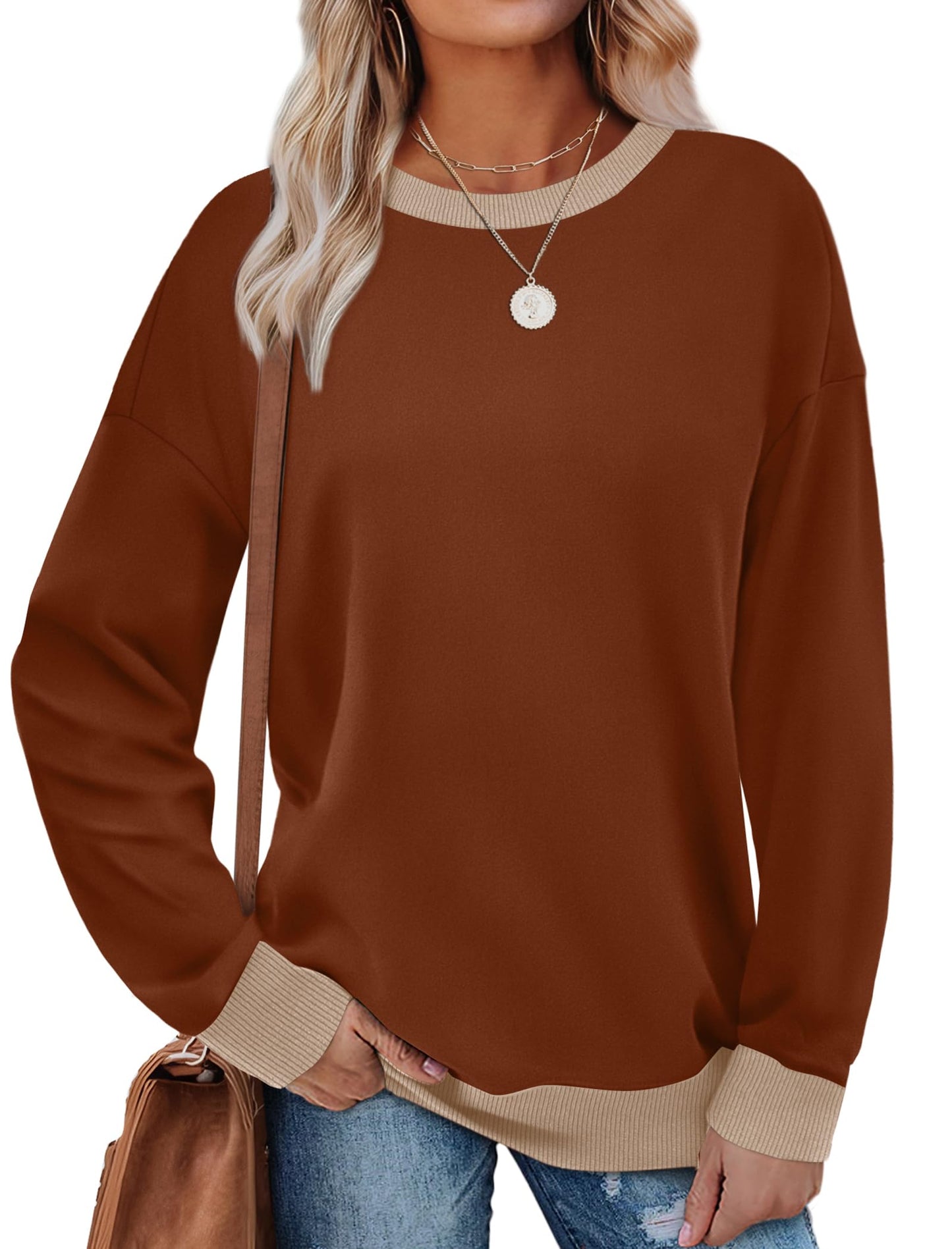 Saloogoe Women's Sweaters Pullover Long Sleeve Tops Fall Clothes Outfits 2025 Womens Fashion Clothing Caramel L