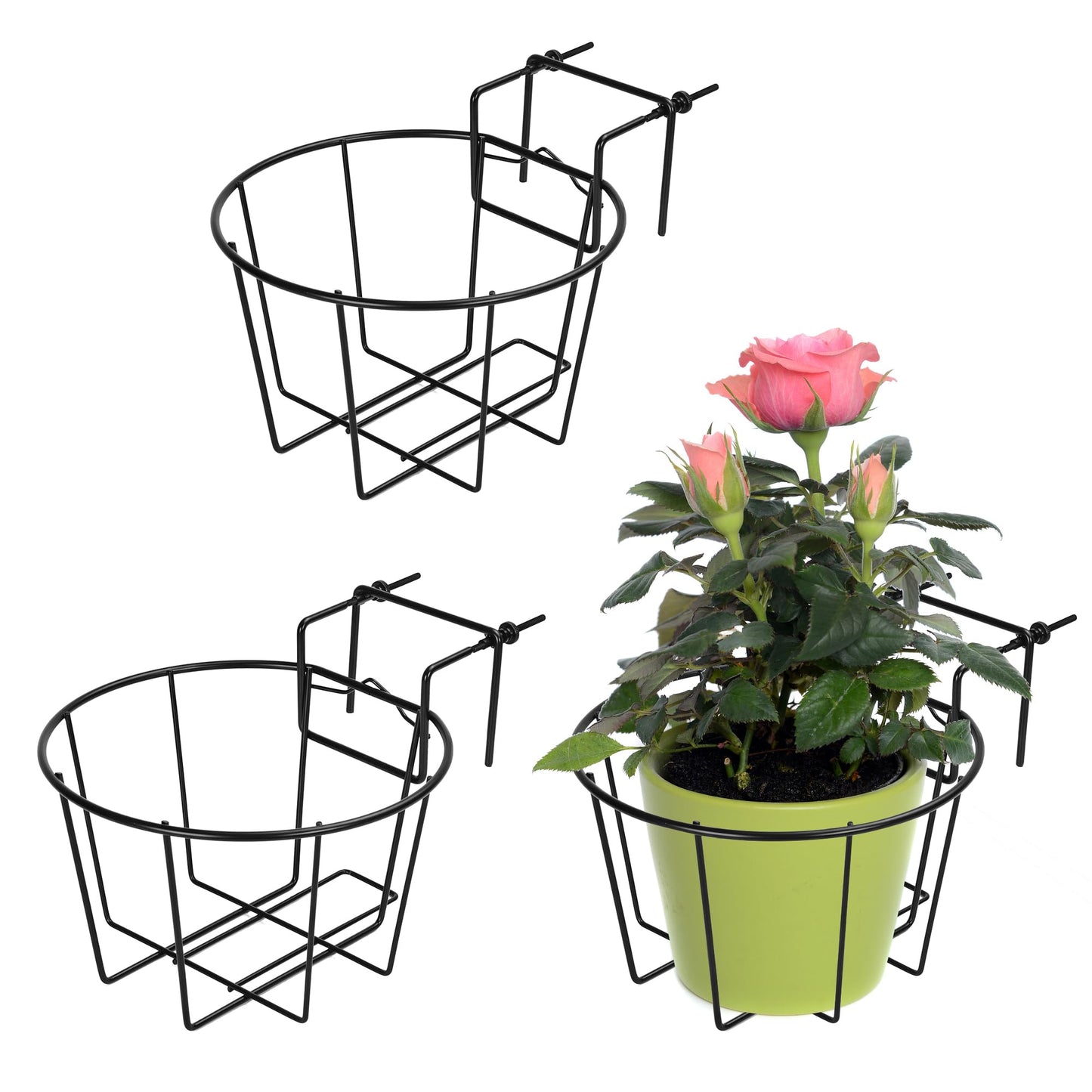 TQVAI 10 Inch Railing Planter - Fit for 1.5 to 3.5 Inches Railing - Adjustable Hanging Planters Outdoor Balcony Deck Flower Pot Holder Metal Baskets for Garden Orchid, Patio Ledge, 3 Pack, Black