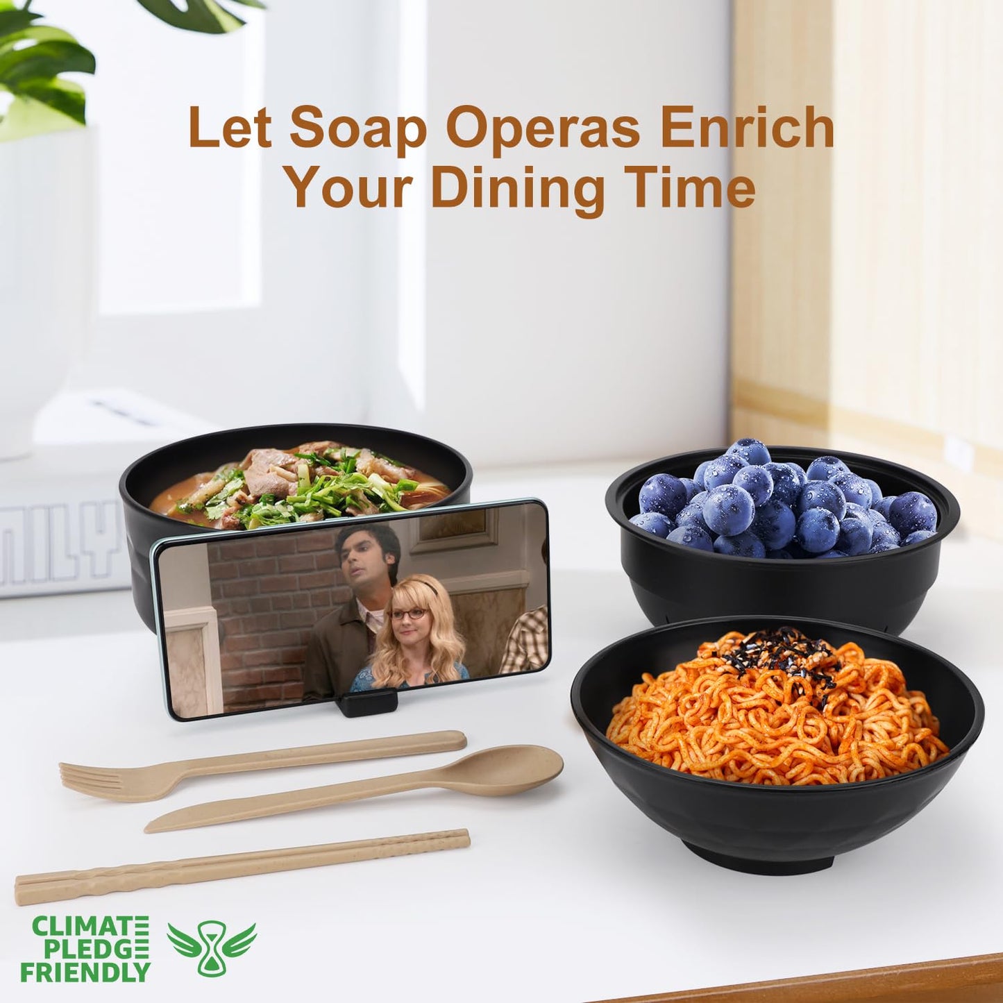 Ramen Bowl Set of 2, Ramen Cooker 33 oz, Ramen Bowls with Chopsticks and Spoon, Microwave Pasta Cooker, Ramen Bowl Microwave Gift College Dorm Essentials for Girls Guys (Black)