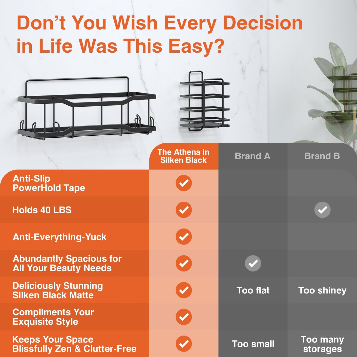 Shower Caddy Bathroom Shelves, The Athena Silken 4 Set, 40LB Capacity, Adhesive Tape No Drill - Rustproof -Gorgeous Powder Coated 304 Stainless Steel Shower Organizer for kitchen & Home Decor - Black