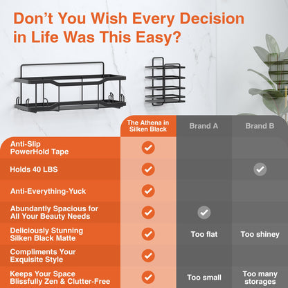 Shower Caddy Bathroom Shelves, The Athena Silken 4 Set, 40LB Capacity, Adhesive Tape No Drill - Rustproof -Gorgeous Powder Coated 304 Stainless Steel Shower Organizer for kitchen & Home Decor - Black