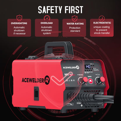 ACEWELDER 140A Gasless Flux Core MIG Welder/Lift TIG/Stick 3 in 1 Welding Machine 110V Portable IGBT Inverter Synergy Welder Machine