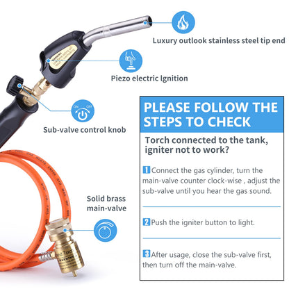 TAUSOM Propane Torch Hose Kit, Mapp Gas Torch Heat 3600℉ Map Gas Torch Kit Trigger Start & Flame Adjustment, Soldering Welding Torch Fuel by MAPP, Map/Pro,Propane(Includes Cylinder Clip)
