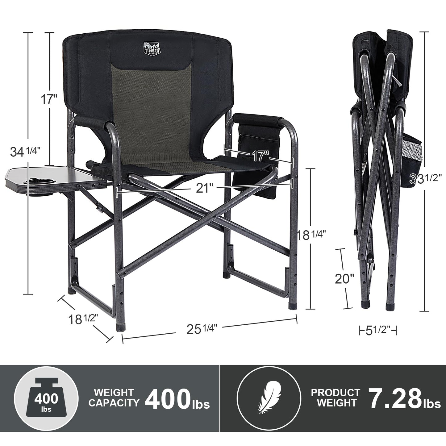 TIMBER RIDGE Aluminum Oversized Camping Chair, Lightweight Portable Directors Chair with Side Table Detachable Side Pocket for Outdoor Camping, Lawn, Picnic, Support 400lbs Black