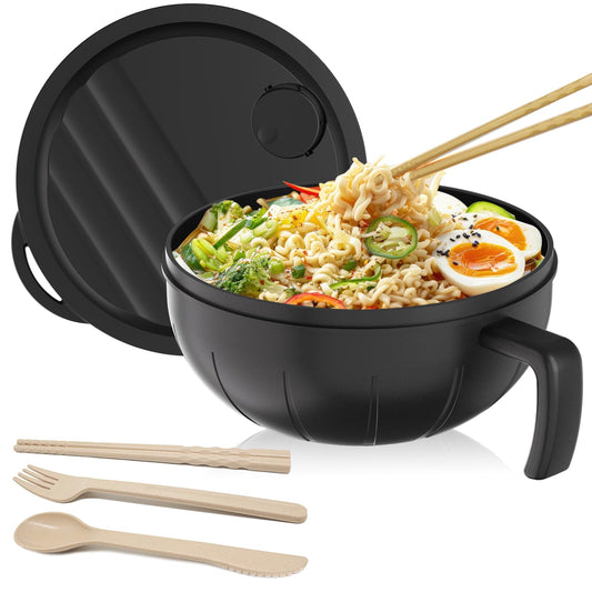 steo spce Large Ramen Bowl Set, 40 Oz Microwaveable Noodle Cooker with Leak-Proof Lids, Chopsticks, Spoon & Fork – Portable and Dishwasher Safe, Ideal for Home, Office, Dorm, or Gift Light (Black)