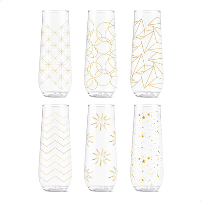 TOSSWARE POP 9oz Flute Festive Cheers Series, SET OF 6, Premium Quality, Recyclable, Unbreakable & Crystal Clear Plastic Printed Champagne Glasses