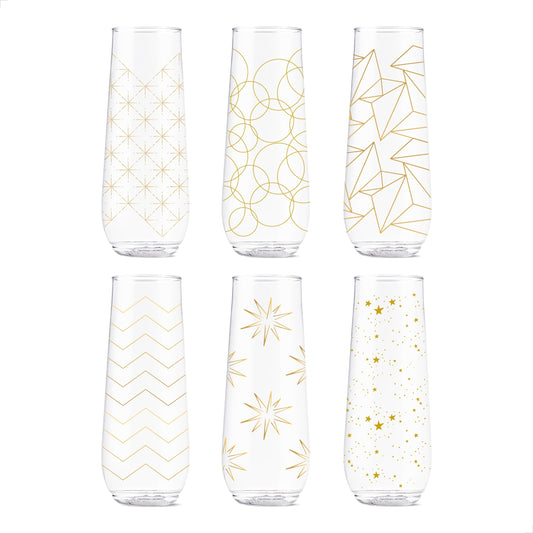 TOSSWARE POP 9oz Flute Festive Cheers Series, SET OF 6, Premium Quality, Recyclable, Unbreakable & Crystal Clear Plastic Printed Champagne Glasses